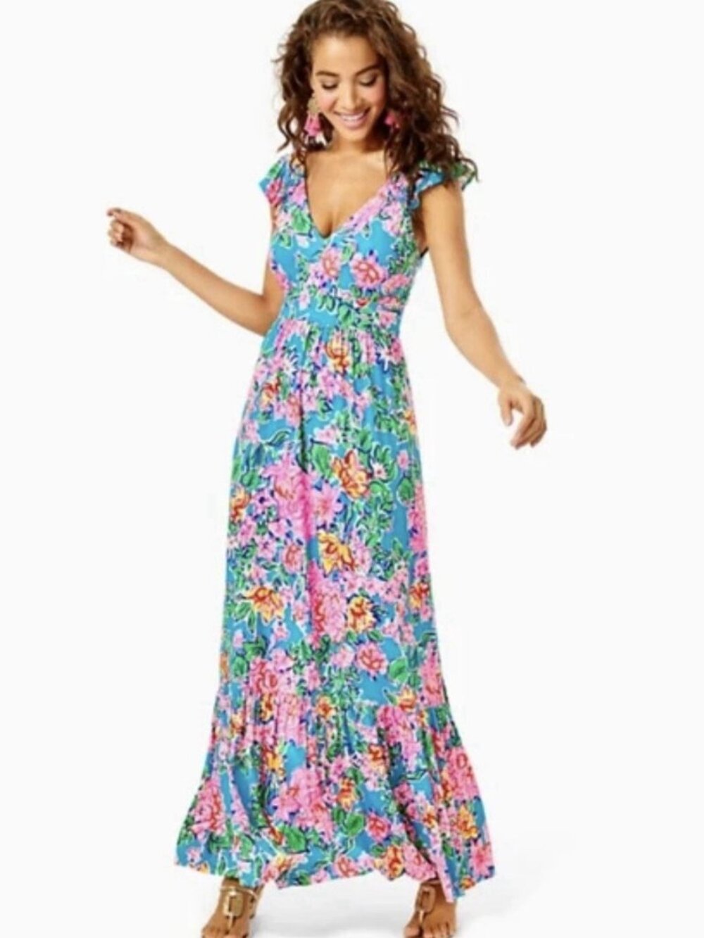 Lilly Pulitzer Maxi Dress 16 Vyra Floral Tropical Ruffle Stretch Resort Preppy